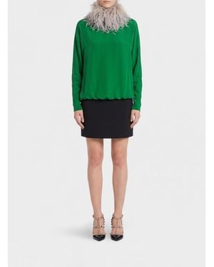 Valentino Garavani Sheath Silk Mini Dress With High Neck And Decorative Feathers - Green