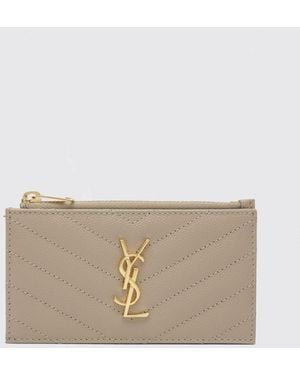 Saint Laurent Cassandre Grain De Poudre Leather Credit Card Holder - Natural