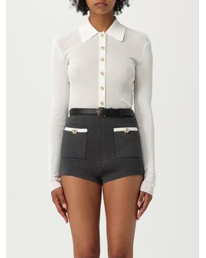 Self-Portrait Ribbed Knit Collared Button-Up Top With Long Sleeves For Stylish Comfort - White