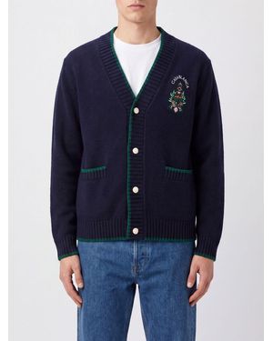 CASABLANCA Cardigan En Laine Et Cachemire Avec Blason Et Bords Contrastants - Bleu