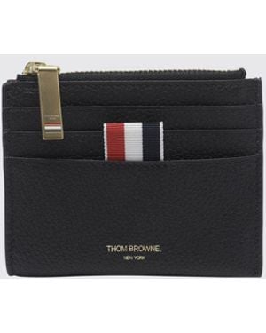 Thom Browne Pebbled Leather Card Holder With Tricolor Tab - White