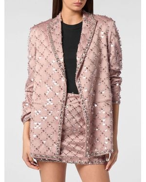 Philipp Plein Cropped Crêpe Blazer With Peak Lapels And Rhinestone Logo - Pink