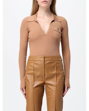 Elisabetta Franchi Slim Fit Long-Sleeved V-Neck Bodysuit With Ruffles - Natural