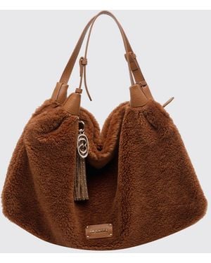 La Carrie Shearling Shoulder Bag With Double Adjustable Handle And Tassels - Brown