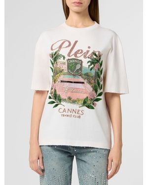 Philipp Plein Relaxed Fit Cotton T-Shirt With Rhinestones And Fringed Hem - Natural
