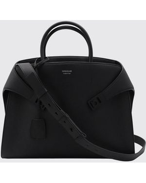 Ferragamo Hug Hammered Calfskin Leather Briefcase With Double Handle - Black