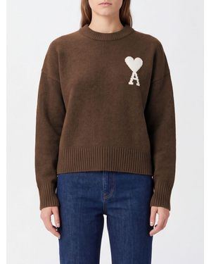 Ami Paris Pullover Aus Wolle Und Alpaka Mit Rundhalsausschnitt Und Jacquard-Logo - Braun