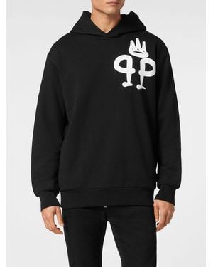 Philipp Plein Contrast Logo Cotton Hoodie With Kangaroo Pocket And Dropped Shoulders - Black