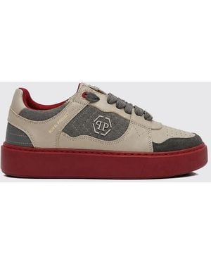 Philipp Plein Bicolor Leather And Suede Low-Top Sneakers With Hexagon Logo - Gray