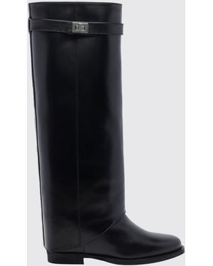 Via Roma 15 Knee-High Calfskin Leather Wedge Boots With Strap Details - Black