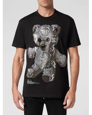 Philipp Plein Cotton T-Shirt With Teddy Bear Print, Monogram And Rhinestones - Black