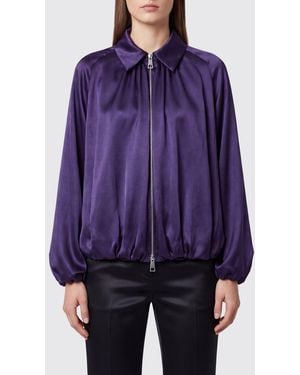 Liviana Conti Cropped Draped Satin Bomber Jacket With Balloon Sleeves - Purple