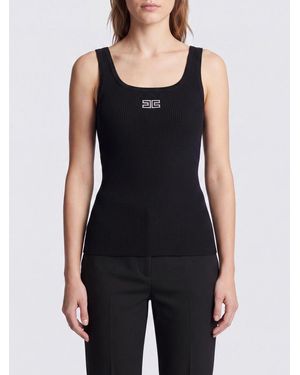 Elisabetta Franchi Slim Fit Wool Knit Top With Embroidered Logo - Black