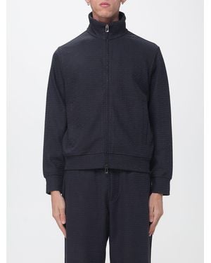 Emporio Armani Hooded Zip-Up Cotton-Blend Sweatshirt With Embroidered Eagle Logo - Blue