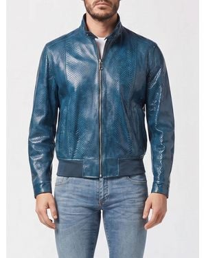 Billionaire Snakeskin Leather Bomber Jacket With High Collar And Zip Closure - Blue