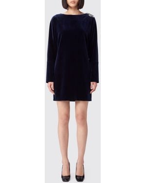 Versace Velvet Mini Sheath Dress With Rhinestones And Round Neck - Blue