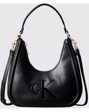 Calvin Klein Monogram Polyurethane Hobo Bag With Removable Strap - Black