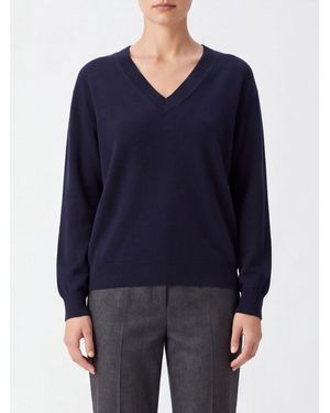 Malo Pure Cashmere V-Neck Sweater With Dropped Shoulders And Ribbed Trims - Blue
