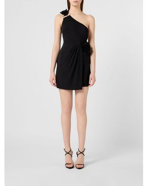 Philipp Plein One-Shoulder Cotton Jersey Mini Dress With Crystals And Skull - Black