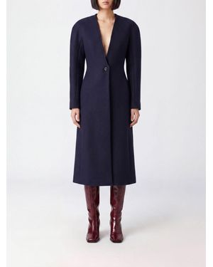 Maison Margiela Single-Breasted Long Wool Coat With V-Neck - Blue