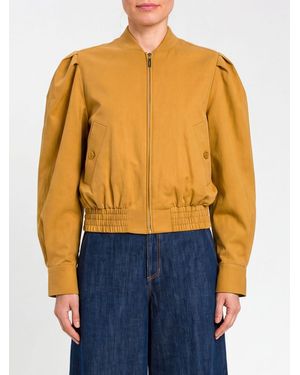 Twinset Cropped Linen And Cotton Blend Bomber Jacket With Ruched Shoulders - Blue