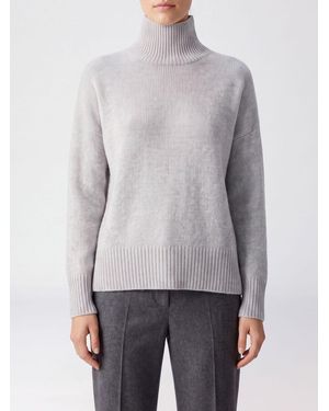 Kujten Jersey De Cuello Alto 100% Cachemir Con Manga Larga Y Ribetes Acanalados - Gris