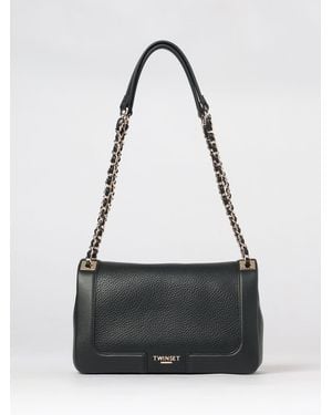 Twinset Grained Faux Leather Shoulder Bag With Braided Handle - Black