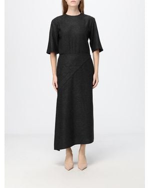 Crida Milano Beatrice Asymmetric Hem Wool Flannel Midi Dress With Short Sleeves - Black