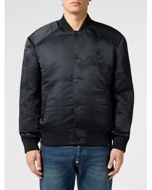 Philipp Plein Satin Bomber Jacket With Embroidered Hexagon Logo - Black