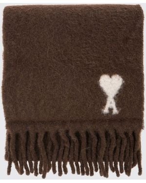 Ami Paris Schal Aus Alpakawollmischung Mit Ami De Cœur-Logo Und Fransen - Braun