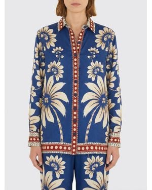 FARM Rio Luna Floral Print Linen Blend Shirt - Blue