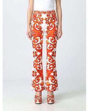 Dolce & Gabbana Dolce &Amp Gabbana Pantalones Acampanados De Talle Alto En Seda Con Estampado Mayólica - Rojo