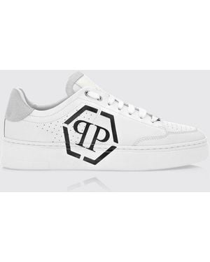 Philipp Plein Zapatillas Bajas De Piel De Becerro Con Monograma Y Logo Hexagon - Blanco