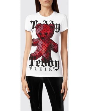 Philipp Plein Slim Fit Jersey T-Shirt With Rhinestone Teddy Bear Graphic - White