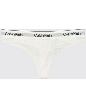Calvin Klein Cotton And Modal Blend Thong With Logo Waistband - Natural