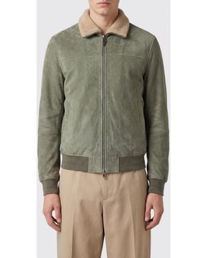 Canali Suede Leather Bomber Jacket With Fur Collar And Elasticated Hem - Green