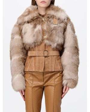 Elisabetta Franchi Short Faux Suede And Faux Fur Jacket With Belt - Brown