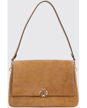Tory Burch Charlie Suede Shoulder Bag With Double T Logo - Brown