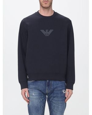 Emporio Armani Crewneck Cotton Jumper With Contrast Monogram Logo - Blue