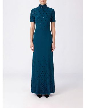 Rabanne Vestido De Noche Largo De Raso Con Cuello Alto Y Lentejuelas - Azul