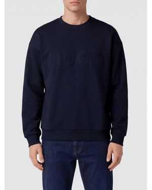 HUGO Crewneck Cotton Sweatshirt With Long Sleeves And Tone-On-Tone Logo - Blue