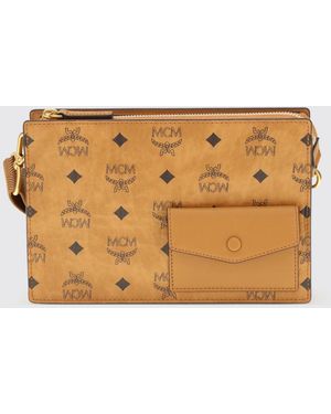 MCM Aren Small Coated Cotton Clutch With All-Over Logo - Natural