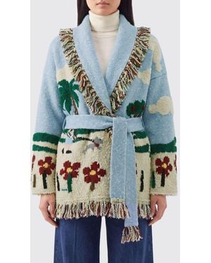 Alanui Cardigan-Peignoir En Jacquard De Laine Mélangée Avec Ceinture Et Bords Frangés - Bleu