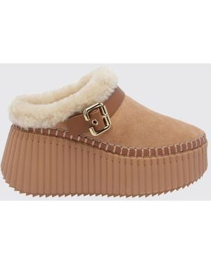 Chloé Chlo&Eacute Nama Suede And Shearling High-Heeled Platform Mules - Brown