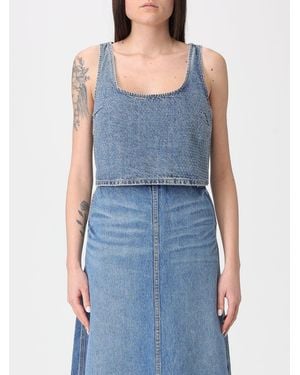 Self-Portrait Cotton Denim Cropped Top With Rhinestones - Blue
