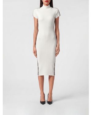 Philipp Plein Ribbed-Knit Sheath Midi Dress With Rhinestone Embroidery - White