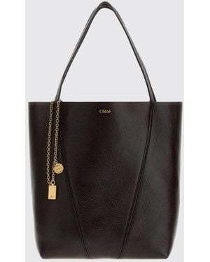 Chloé ChloÉ Spin Grained Calfskin Tote Bag With Logo Charm - Black