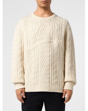 Philipp Plein Relaxed Fit Cable-Knit Wool Crew-Neck Sweater - Natural