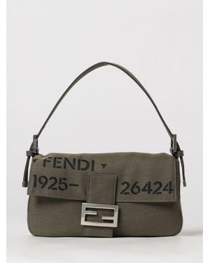 Fendi Baguette Cotton Blend Shoulder Bag With Ff Monogram And Flap Closure - Grey
