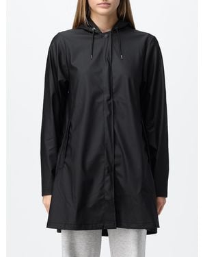 Rains Knee-Length Hooded Raincoat With Button Closure And Slit Pockets - Black